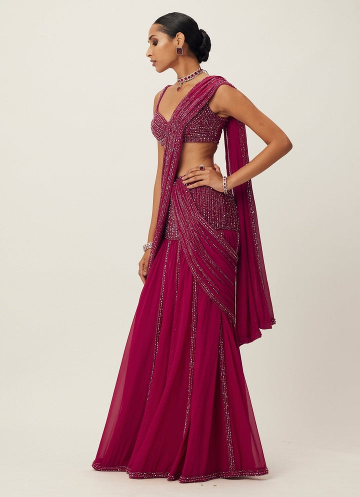 Ruby Red Pre - Draped Crystal Embroidered Georgette Saree With Off Shoulder Blouse Vvani by Vani Vats - Fabilicious Fashion