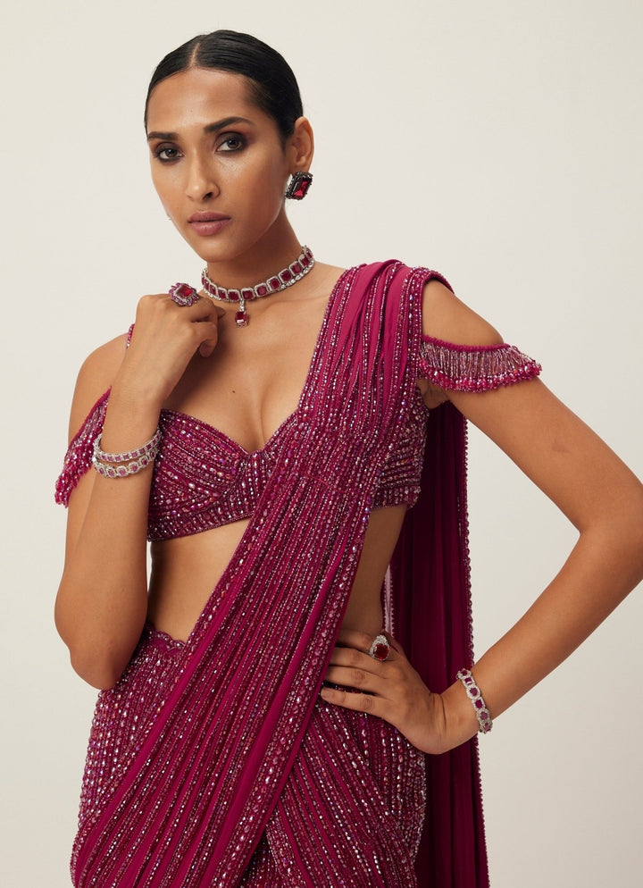 Ruby Red Pre - Draped Crystal Embroidered Georgette Saree With Off Shoulder Blouse Vvani by Vani Vats - Fabilicious Fashion