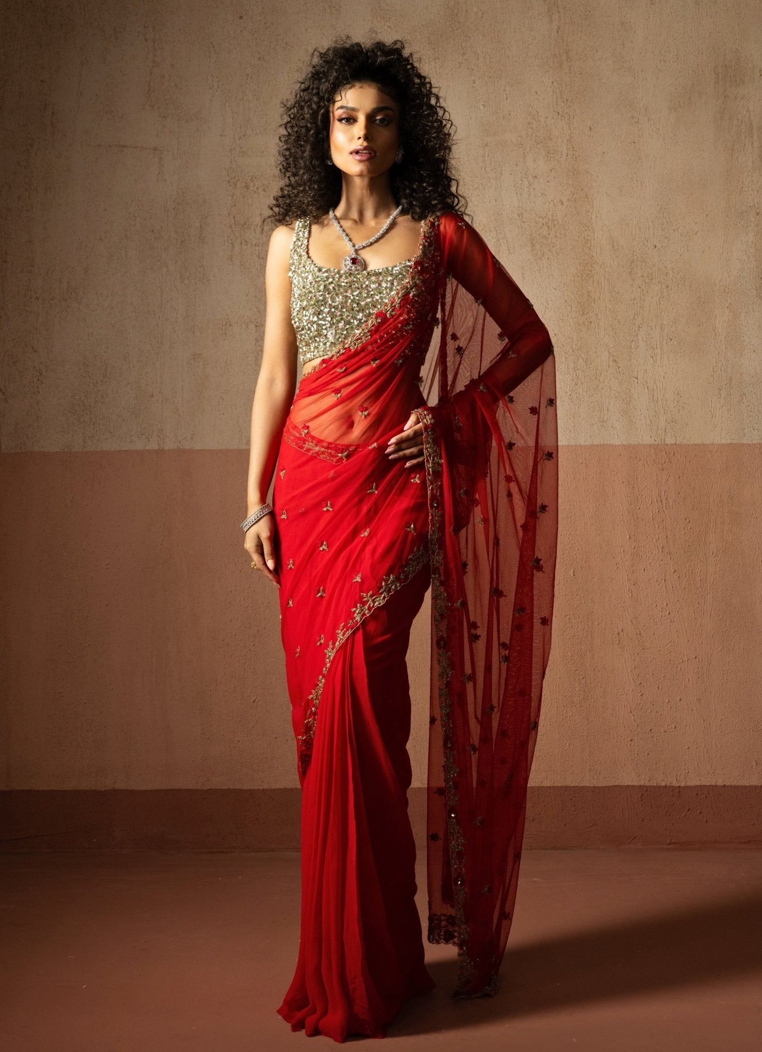 Ruby red sequinned saree for Valentine cocktail party