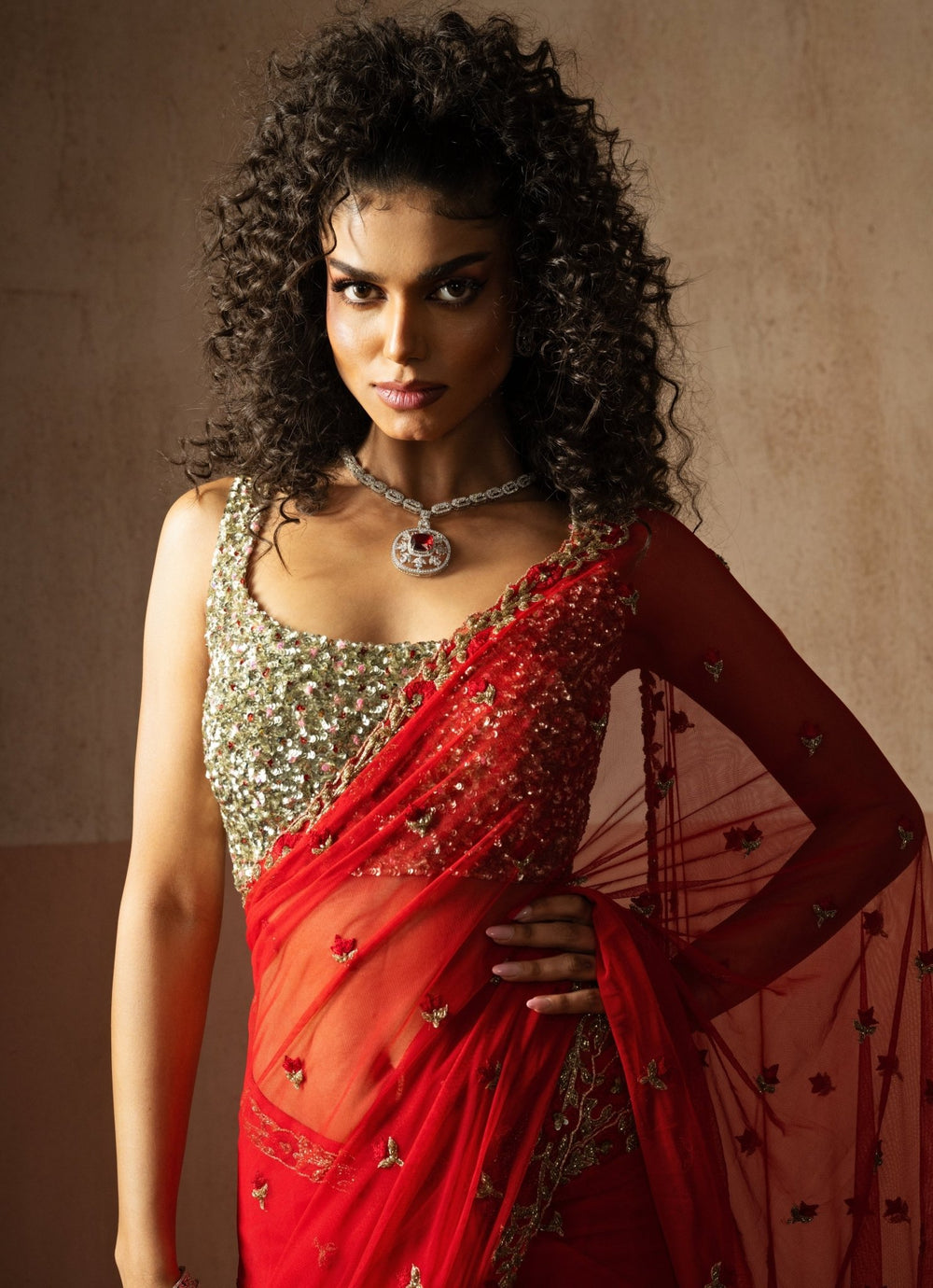 Ruby Red Pre Draped Georgette Sequinned Saree Quench A Thirst - Fabilicious Fashion