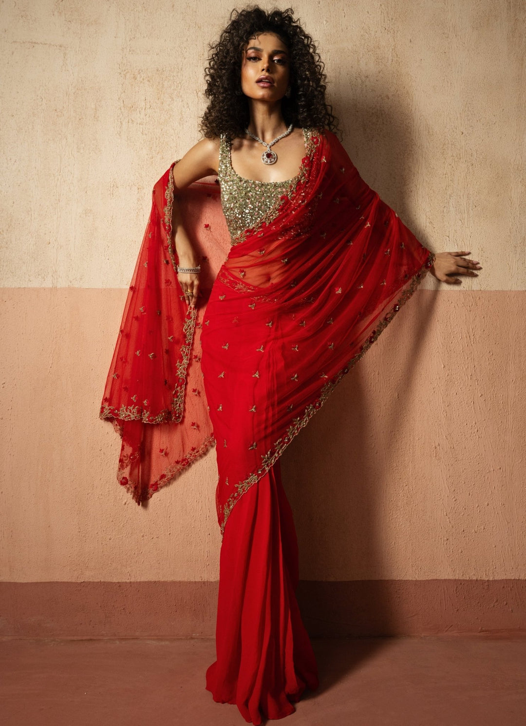 Ruby Red Pre Draped Georgette Sequinned Saree Quench A Thirst - Fabilicious Fashion