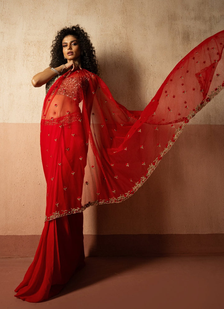 Ruby Red Pre Draped Georgette Sequinned Saree Quench A Thirst - Fabilicious Fashion