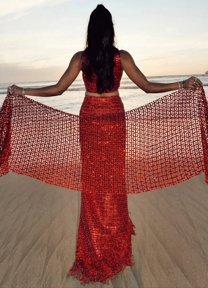 Moledro Ruby Red Sequinned Slit Skirt SetFabilicious Fashion