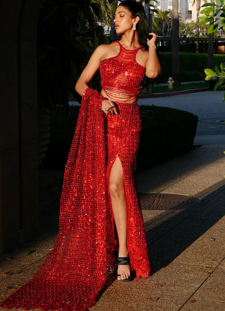 Moledro Ruby Red Sequinned Slit Skirt SetFabilicious Fashion