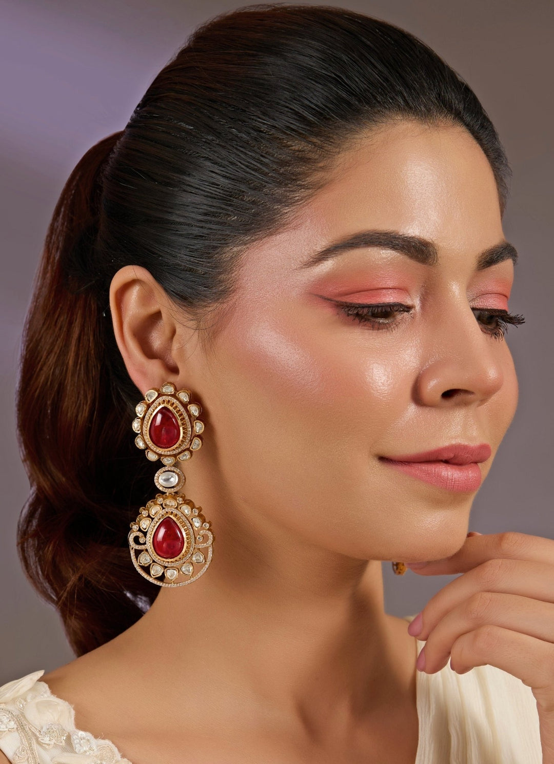 Ruby Red Statement Drop Earrings Vivinia By Vidhi Mehra - Fabilicious Fashion