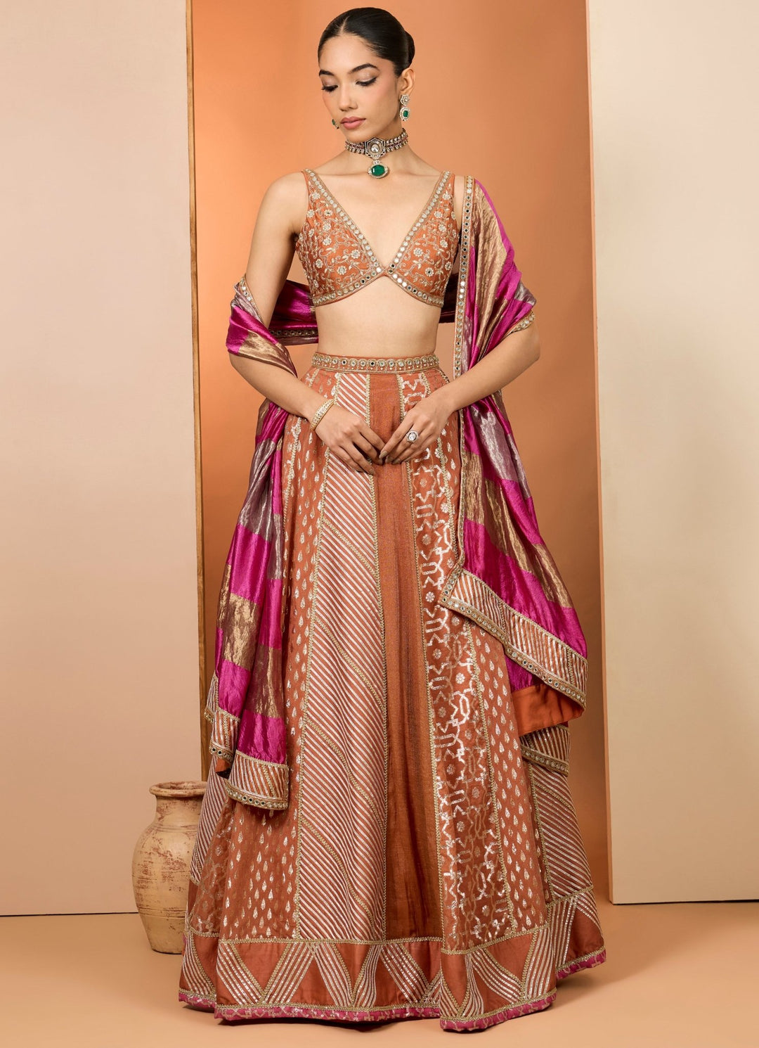 Rust Banarasi Chanderi Lehenga Set Neha Khullar - Fabilicious Fashion