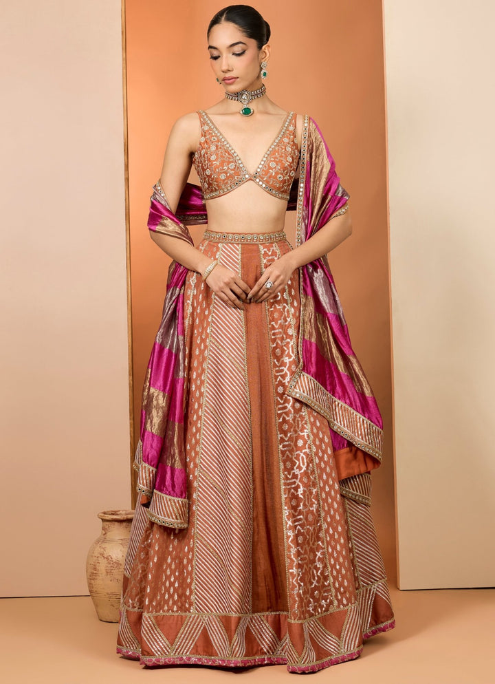 Rust Banarasi Chanderi Lehenga Set Neha Khullar - Fabilicious Fashion