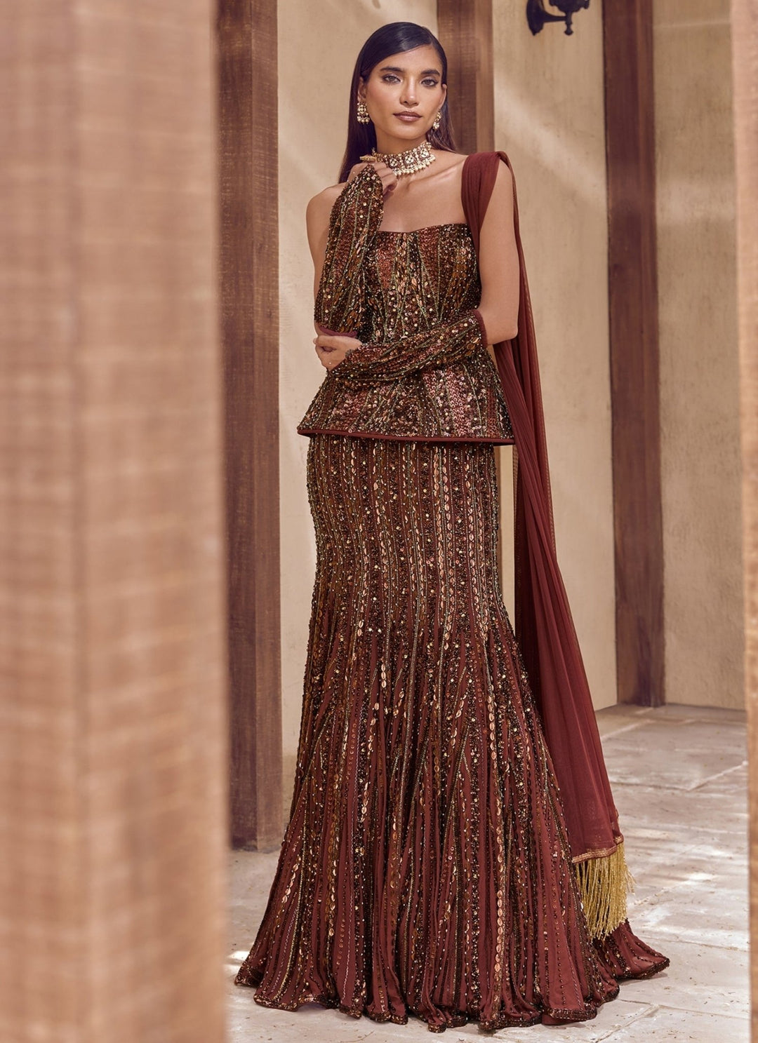 Nidhika Shekhar Rust Brown Crepe Mermaid Lehenga Set With CorsetFabilicious Fashion