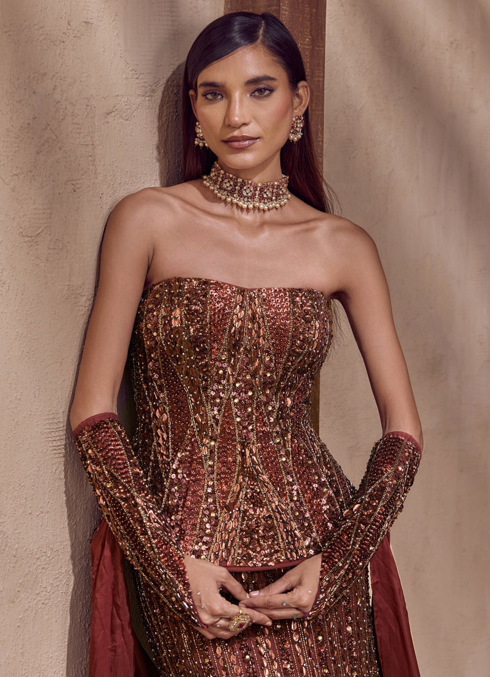 Nidhika Shekhar Rust Brown Crepe Mermaid Lehenga Set With CorsetFabilicious Fashion