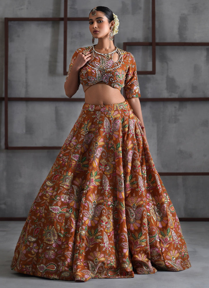 Rust Brown Embroidered Crepe Lehenga Set Deepika Chadha - Fabilicious Fashion