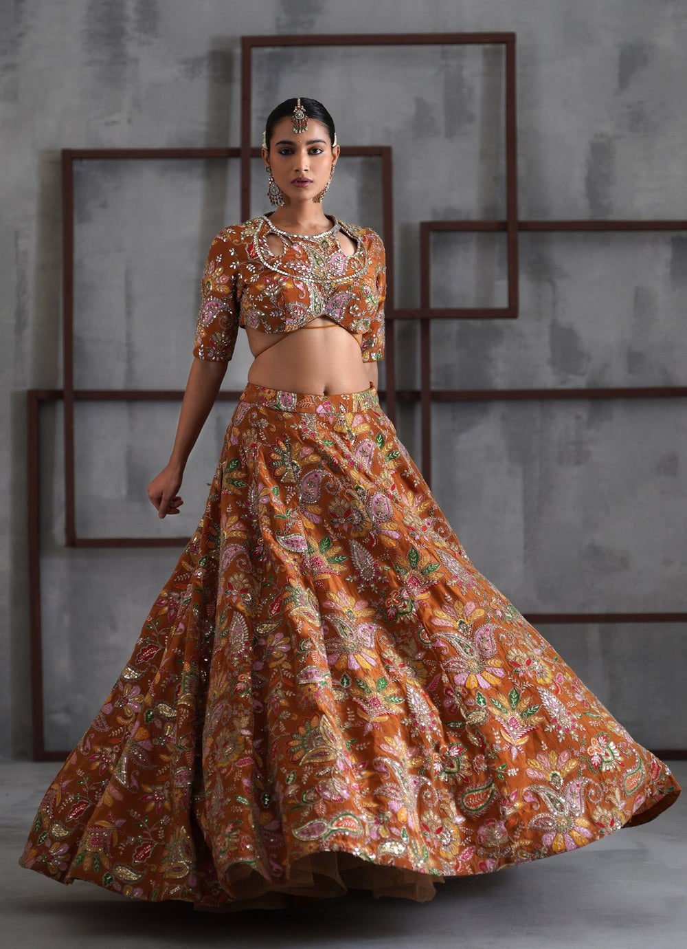 Rust Brown Embroidered Crepe Lehenga Set Deepika Chadha - Fabilicious Fashion