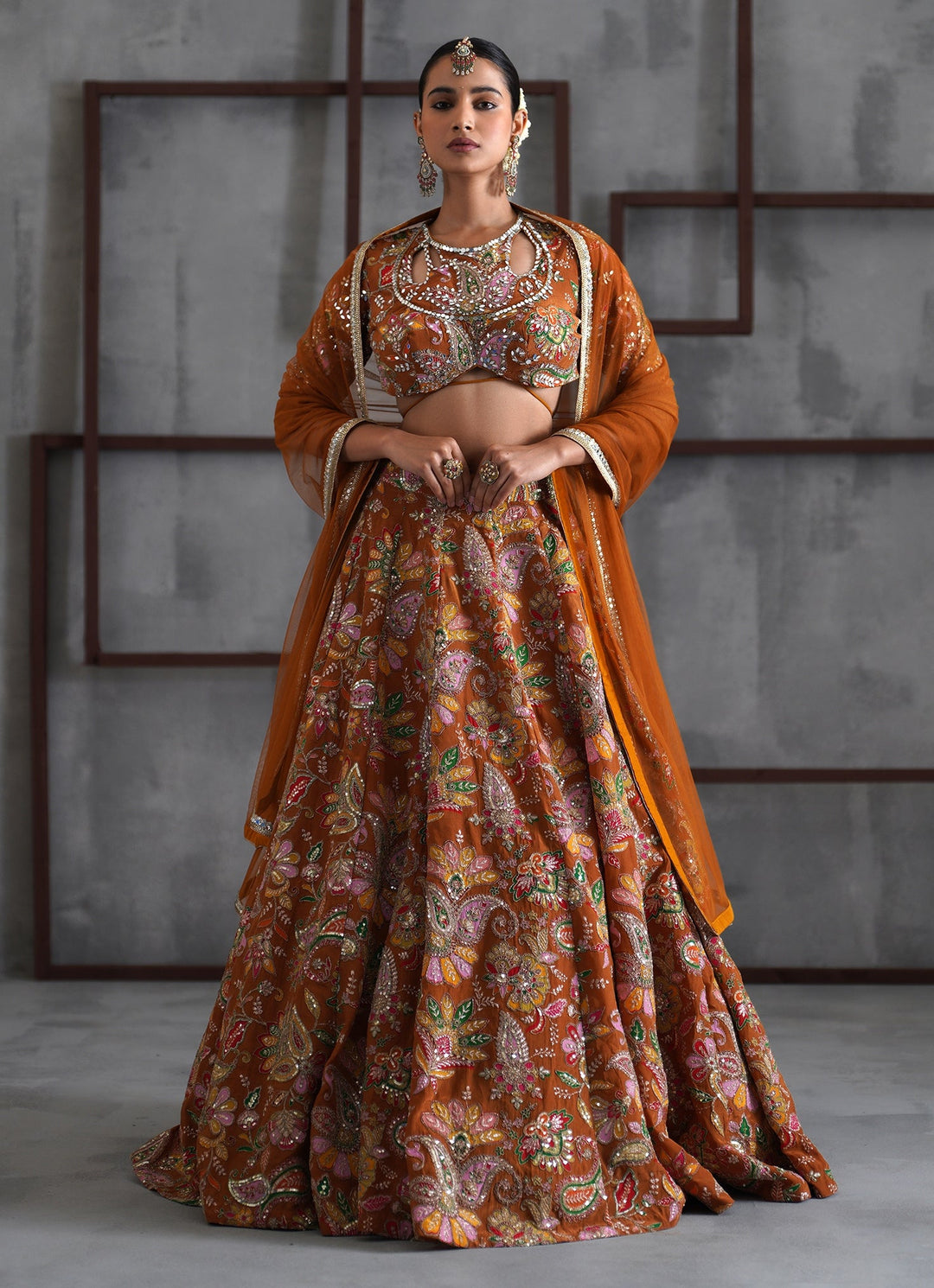 Rust Brown Embroidered Crepe Lehenga Set Deepika Chadha - Fabilicious Fashion