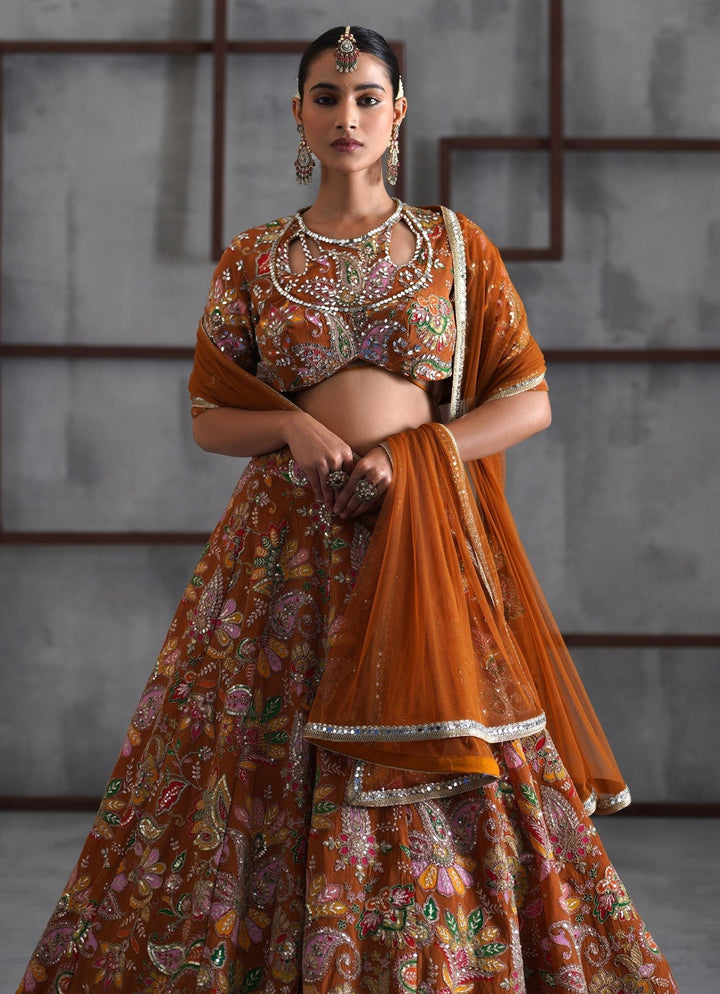 Rust Brown Embroidered Crepe Lehenga Set Deepika Chadha - Fabilicious Fashion