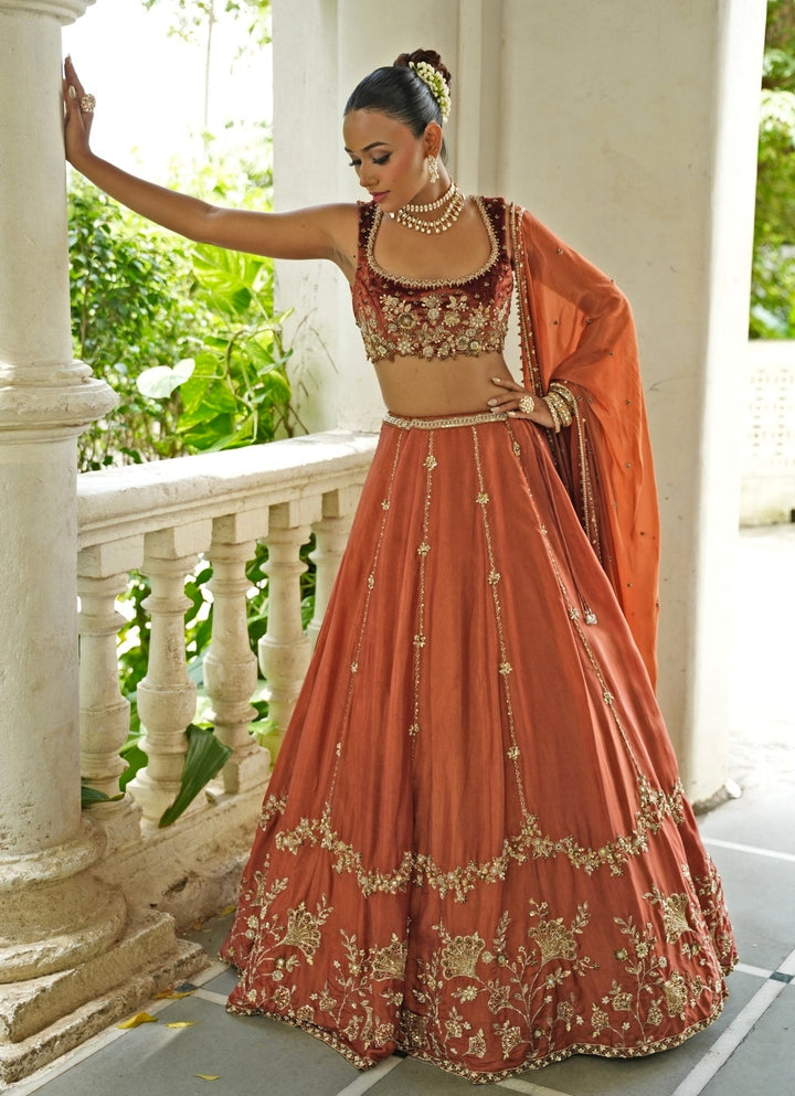 Rust Brown Embroidered Silk Lehenga Set With Velvet Blouse Enamour by Radha - Fabilicious Fashion