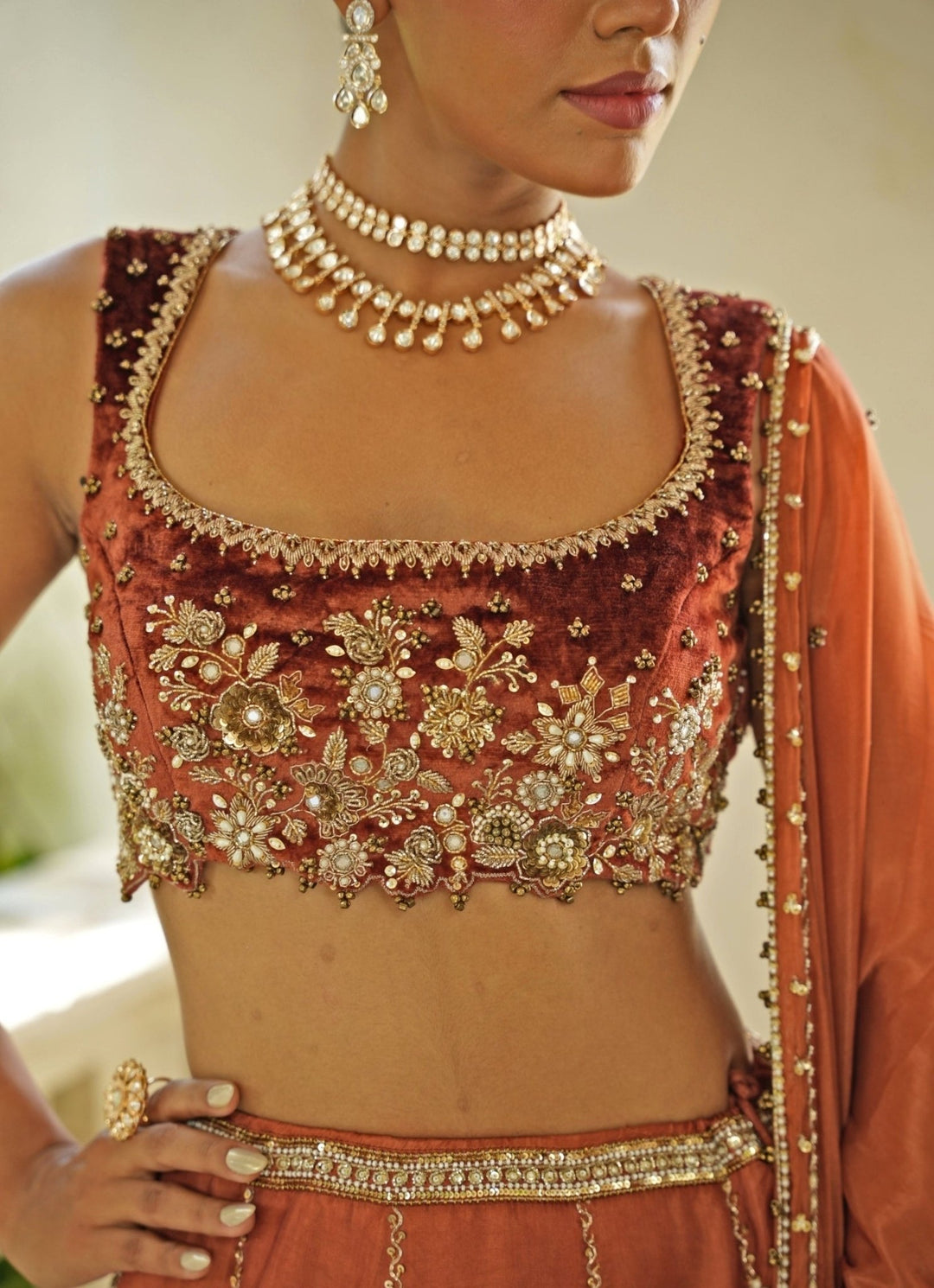 Rust Brown Embroidered Silk Lehenga Set With Velvet Blouse Enamour by Radha - Fabilicious Fashion