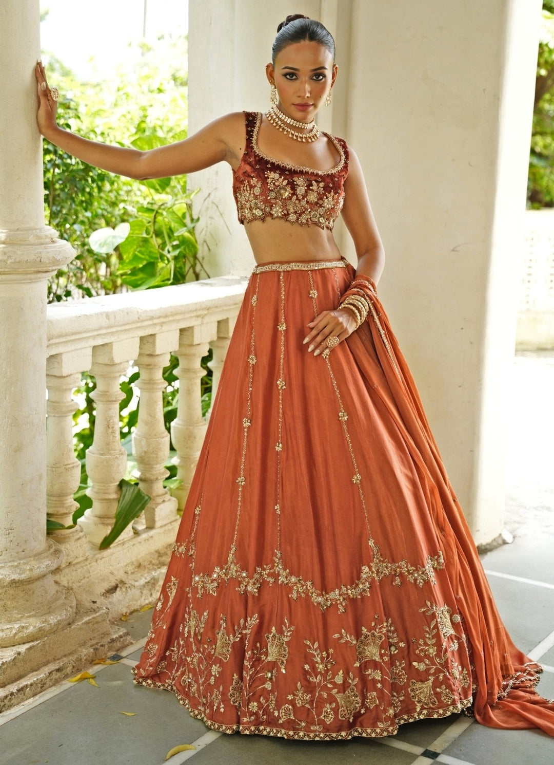 Rust Brown Embroidered Silk Lehenga Set With Velvet Blouse Enamour by Radha - Fabilicious Fashion