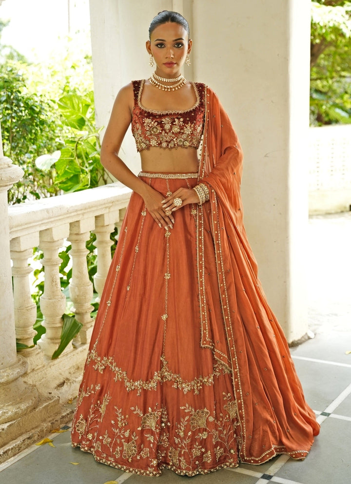 Rust Brown Embroidered Silk Lehenga Set With Velvet Blouse Enamour by Radha - Fabilicious Fashion
