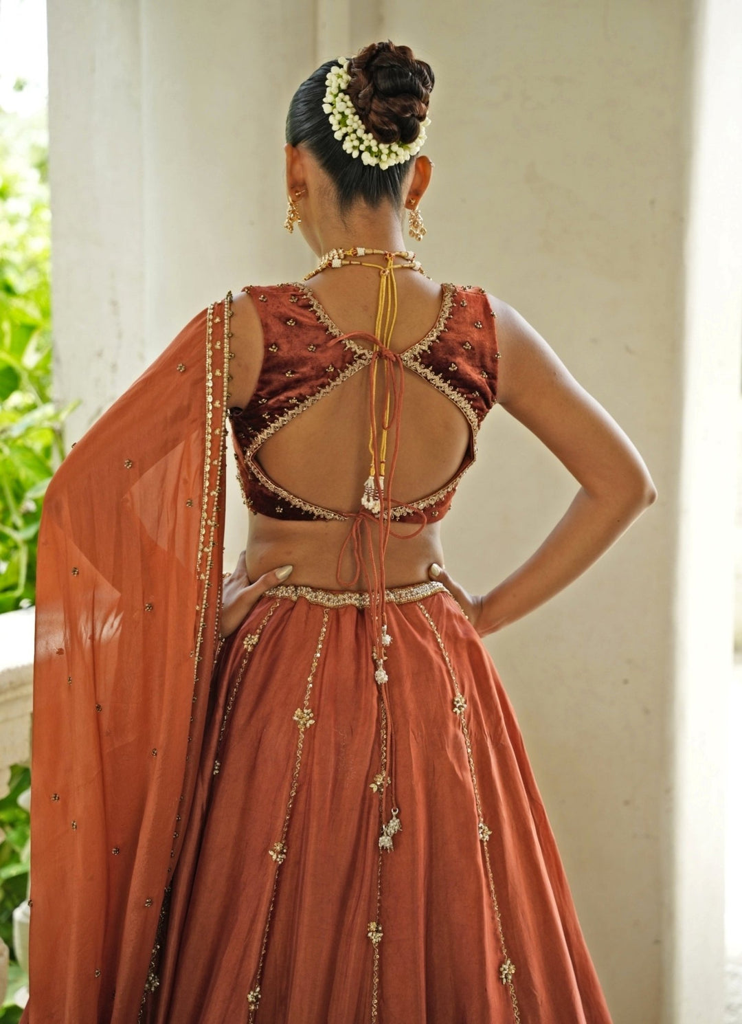 Rust Brown Embroidered Silk Lehenga Set With Velvet Blouse Enamour by Radha - Fabilicious Fashion