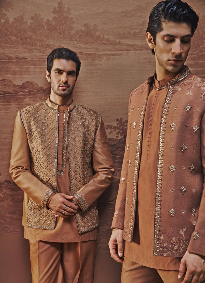 Contrast by Parth Rust Brown Spun Silk Jacket SetFabilicious Fashion