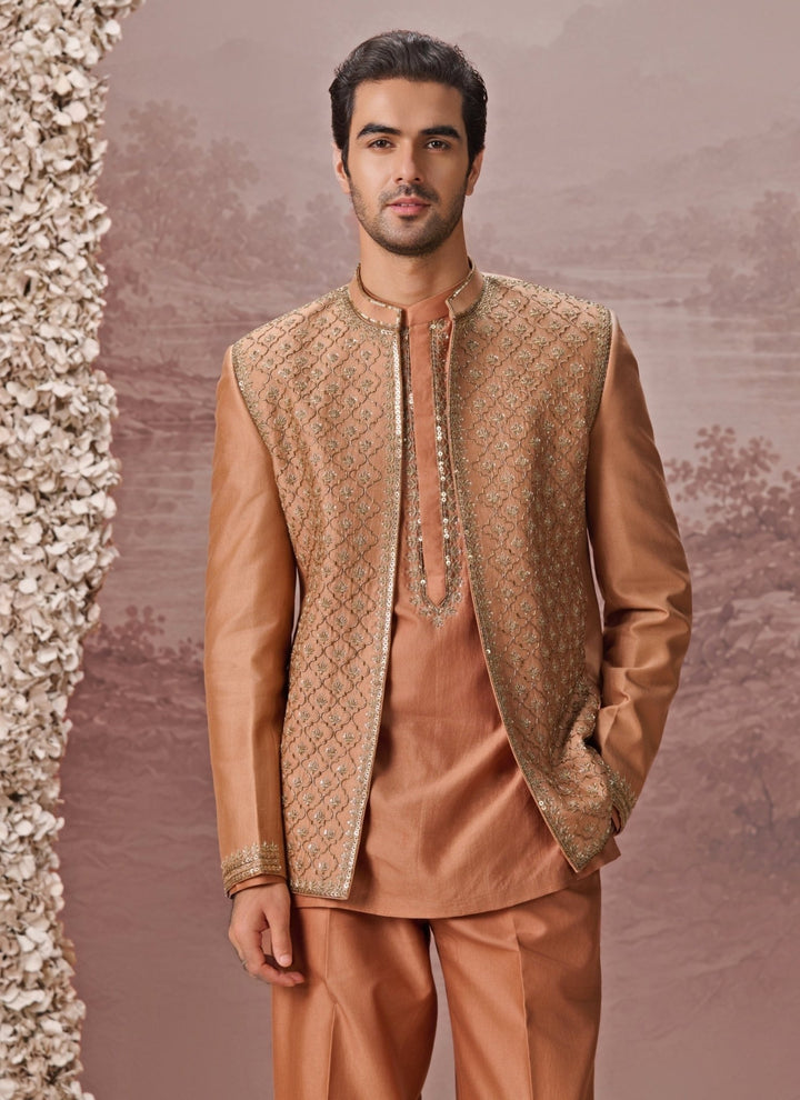 Contrast by Parth Rust Brown Spun Silk Jacket SetFabilicious Fashion