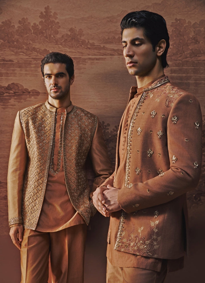 Contrast by Parth Rust Brown Spun Silk Jacket SetFabilicious Fashion
