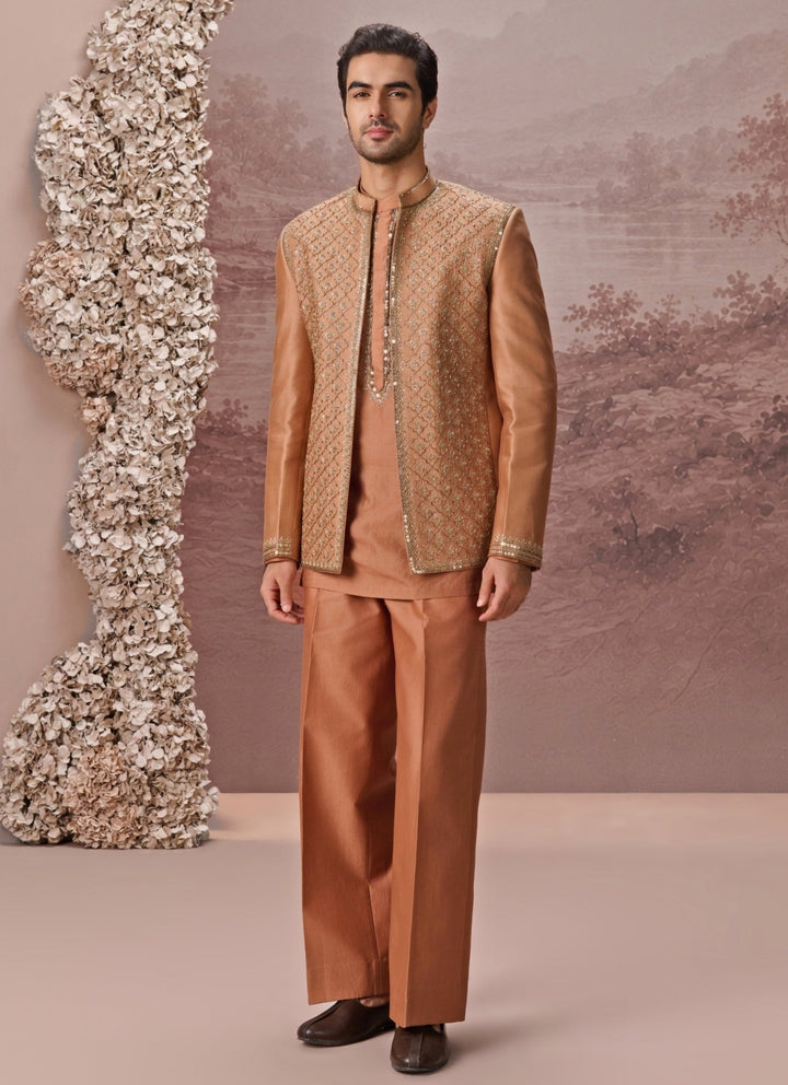 Contrast by Parth Rust Brown Spun Silk Jacket SetFabilicious Fashion