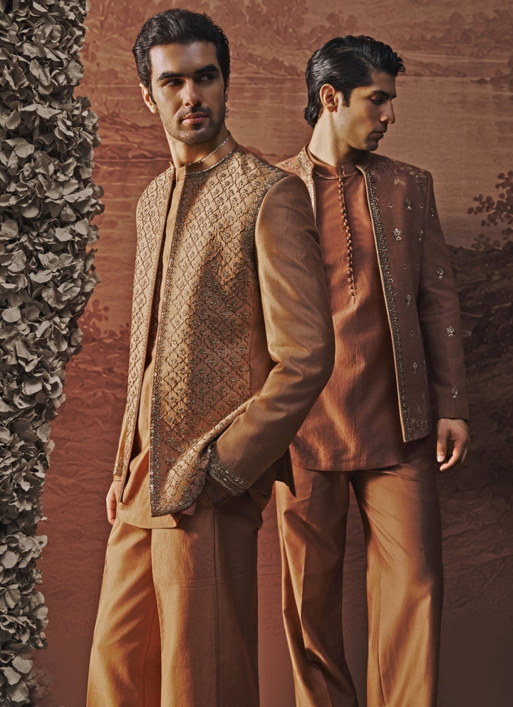 Contrast by Parth Rust Brown Spun Silk Jacket SetFabilicious Fashion