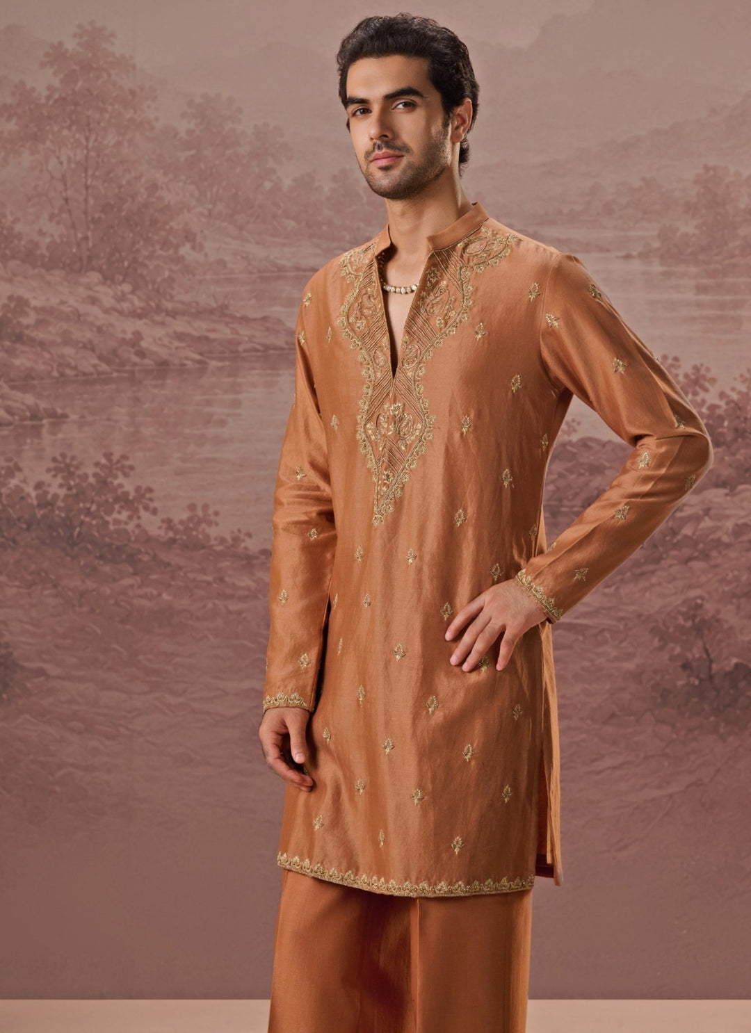 Contrast by Parth Rust Copper Spun Silk Kurta SetFabilicious Fashion