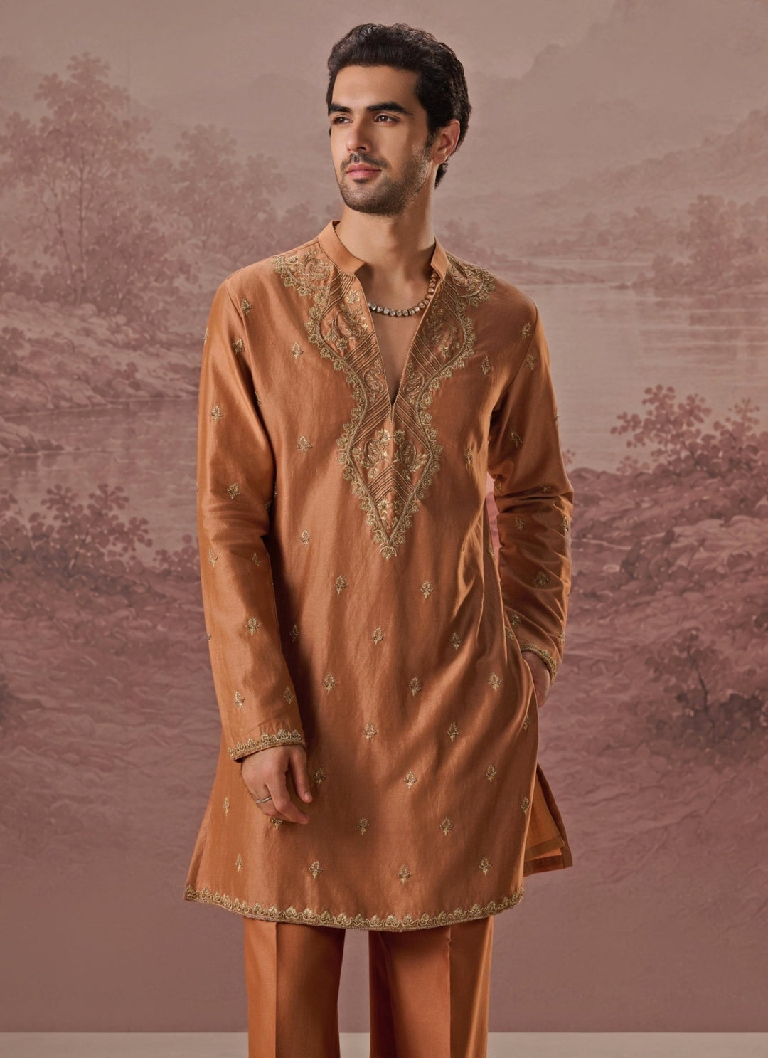 Contrast by Parth Rust Copper Spun Silk Kurta SetFabilicious Fashion