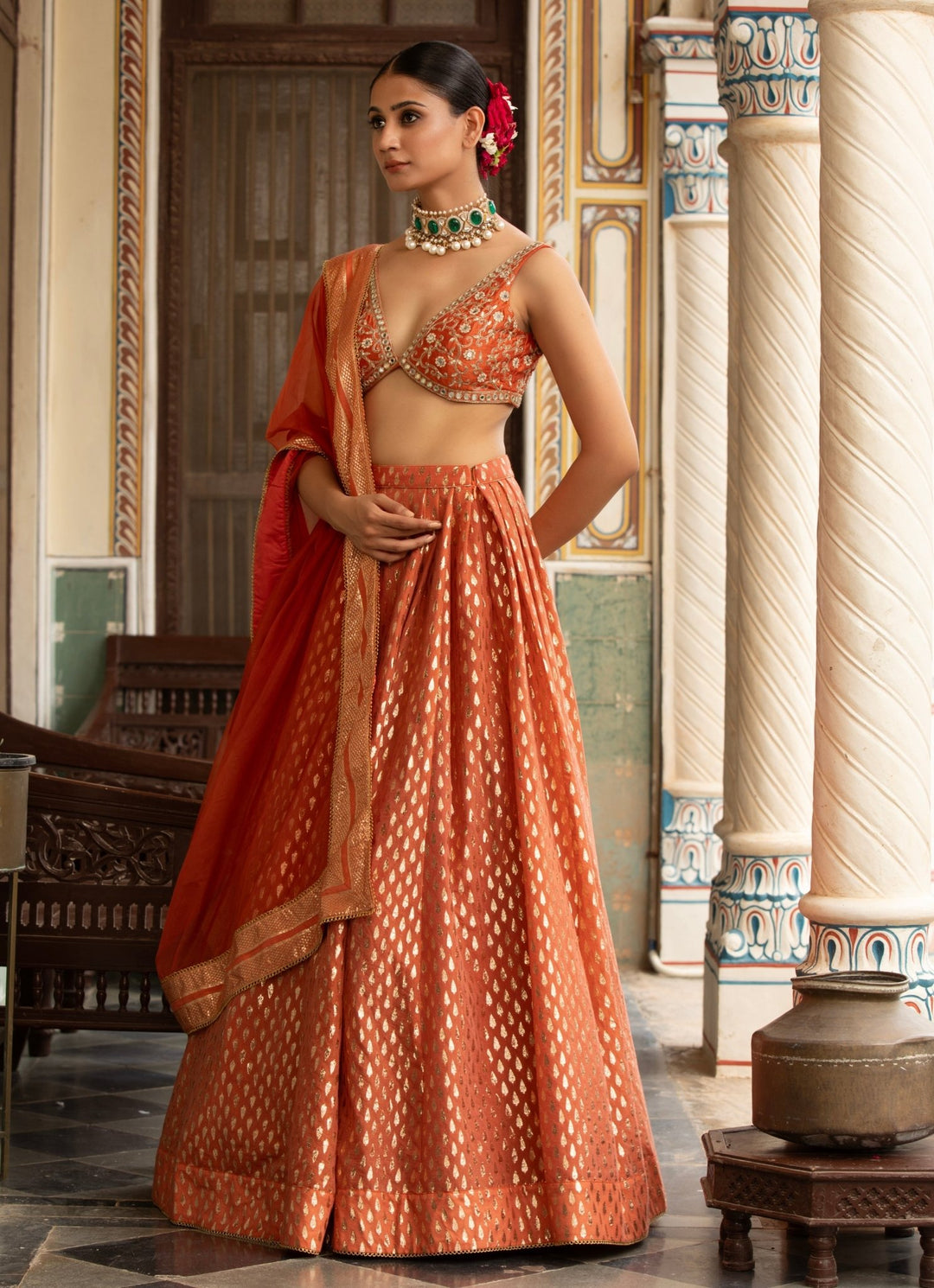 Rust Embroidered Banarasi Chanderi Lehenga Set Neha Khullar - Fabilicious Fashion