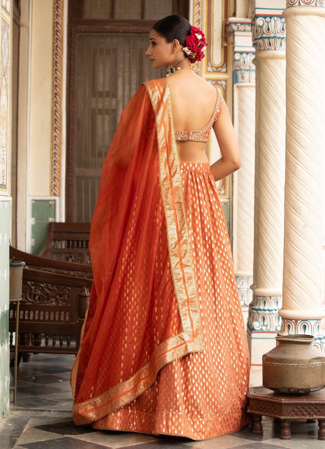 Rust Embroidered Banarasi Chanderi Lehenga Set Neha Khullar - Fabilicious Fashion