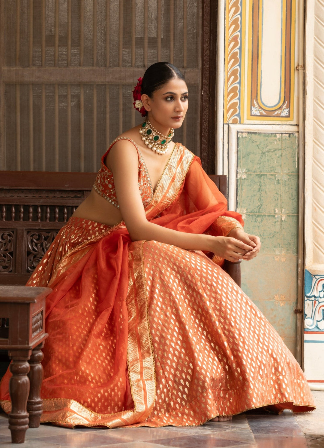 Rust Embroidered Banarasi Chanderi Lehenga Set Neha Khullar - Fabilicious Fashion