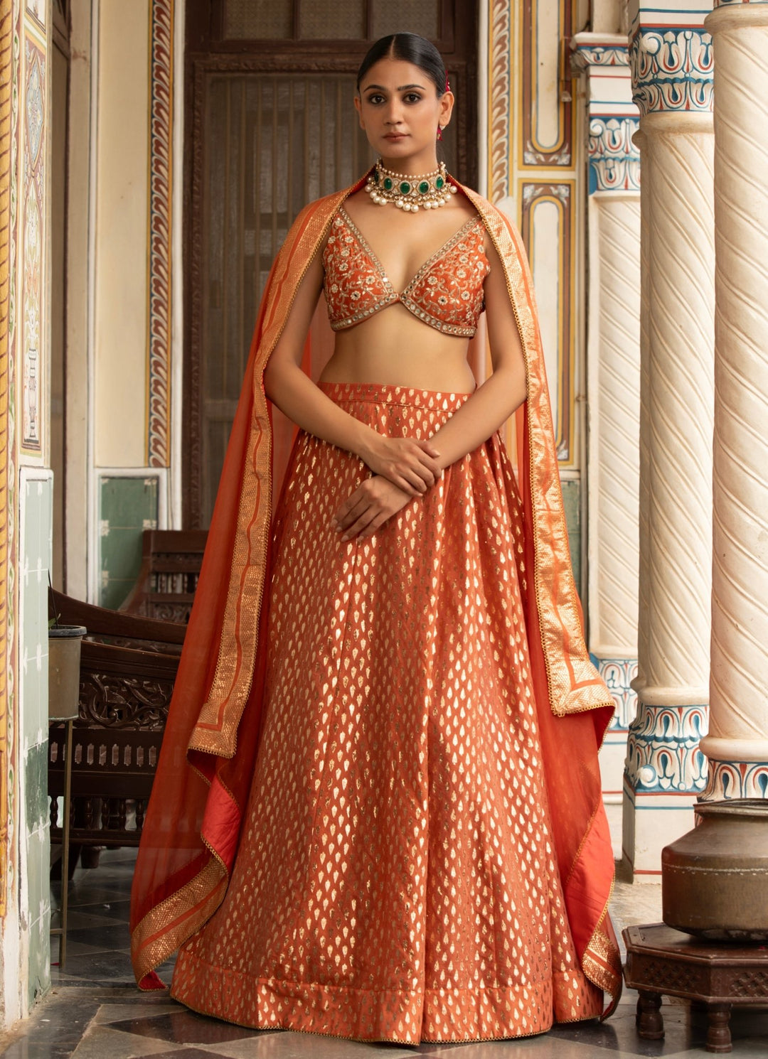 Rust Embroidered Banarasi Chanderi Lehenga Set Neha Khullar - Fabilicious Fashion