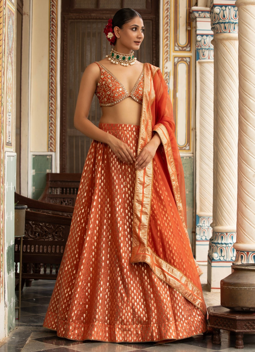 Rust Embroidered Banarasi Chanderi Lehenga Set Neha Khullar - Fabilicious Fashion