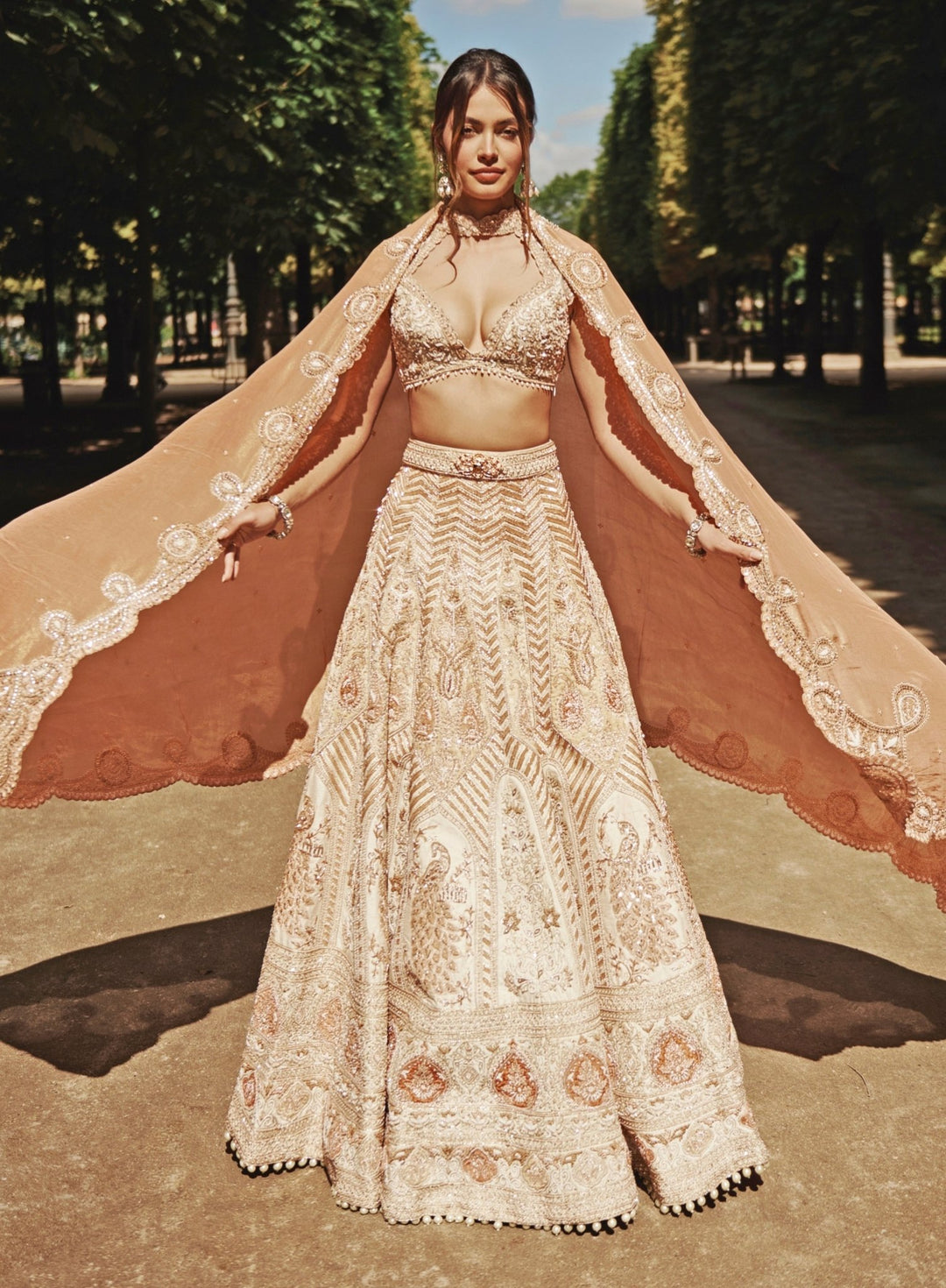Rust Orange And Beige Embroidered Bridal Silk Lehenga Set Jigar and Nikita - Fabilicious Fashion
