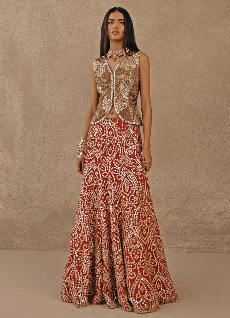 Rust Orange And Gold Soft Net Mermaid Lehenga Set Twenty Nine - Fabilicious Fashion