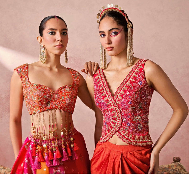 Chamee And Palak Rust Orange And Pink Dupion Silk Lehenga SetFabilicious Fashion