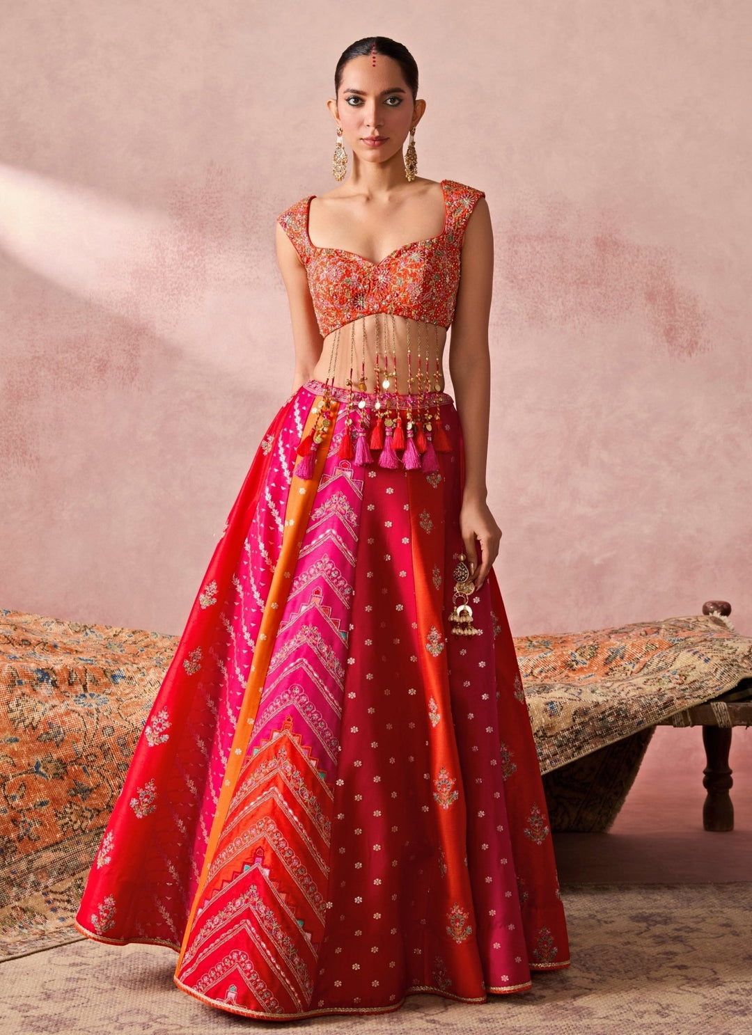 Chamee And Palak Rust Orange And Pink Dupion Silk Lehenga SetFabilicious Fashion