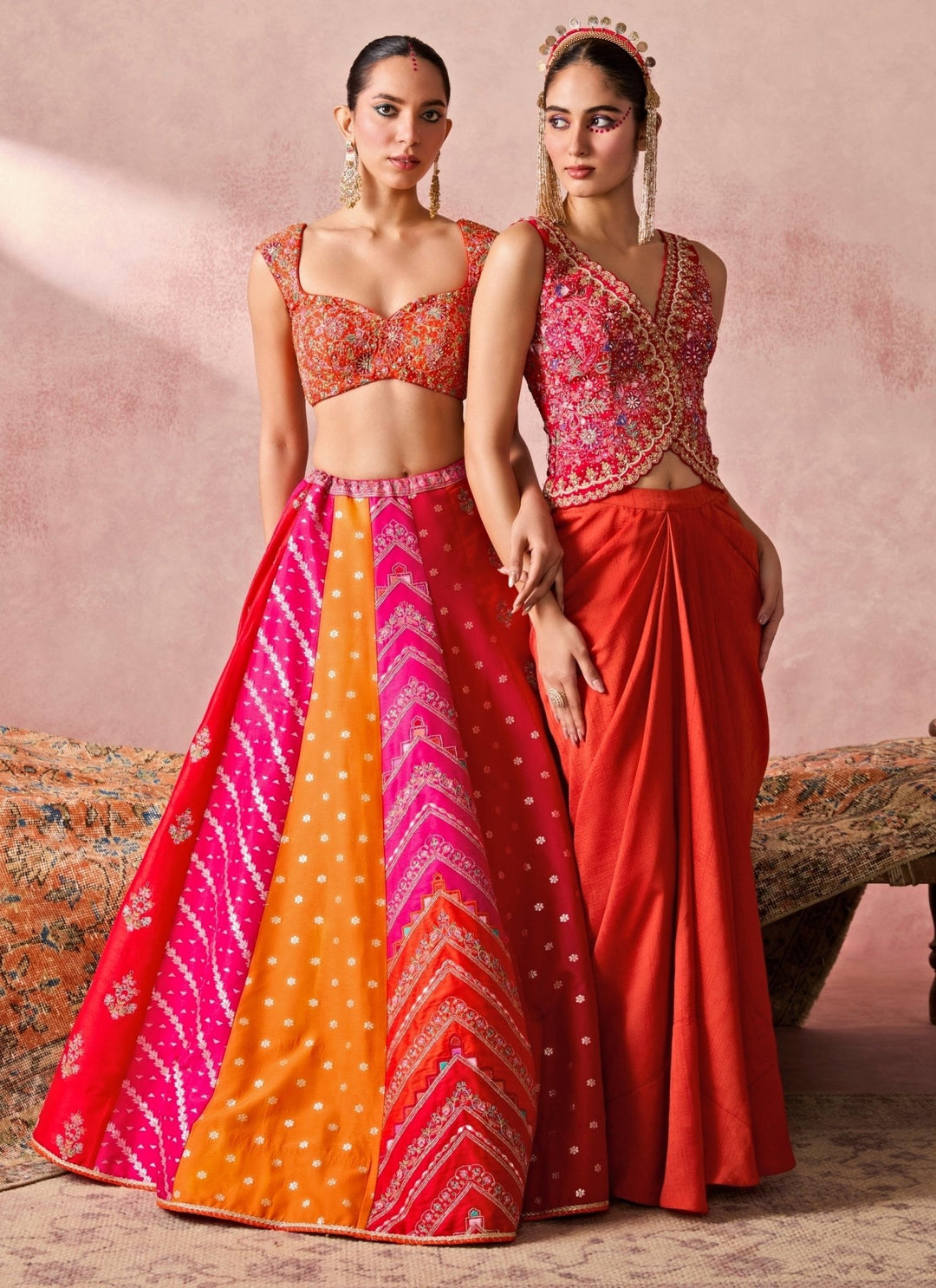 Chamee And Palak Rust Orange And Pink Dupion Silk Lehenga SetFabilicious Fashion