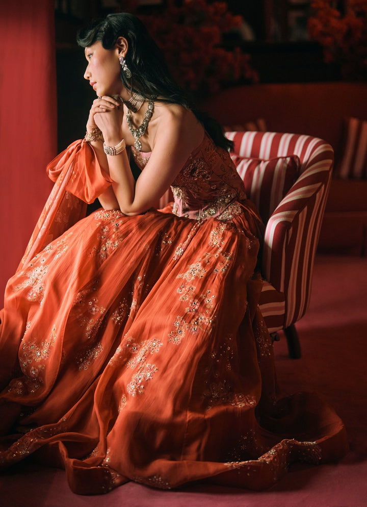 Paulmi and Harsh Rust Orange And Salmon Pink Printed Organza Lehenga SetFabilicious Fashion