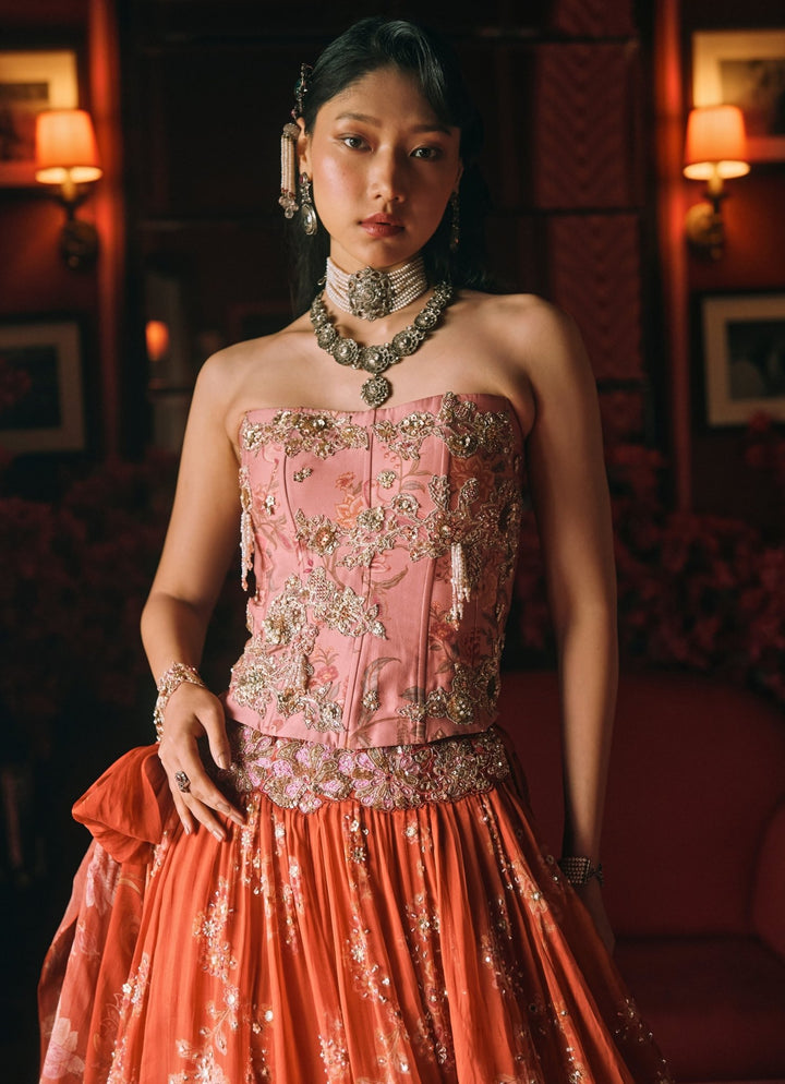 Paulmi and Harsh Rust Orange And Salmon Pink Printed Organza Lehenga SetFabilicious Fashion