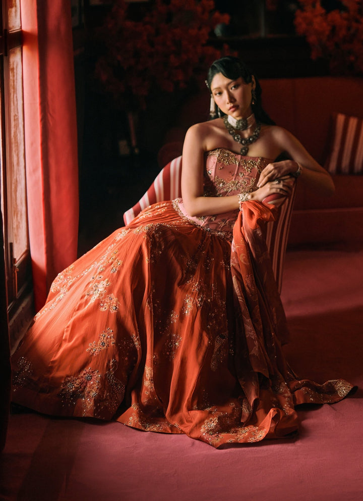 Paulmi and Harsh Rust Orange And Salmon Pink Printed Organza Lehenga SetFabilicious Fashion