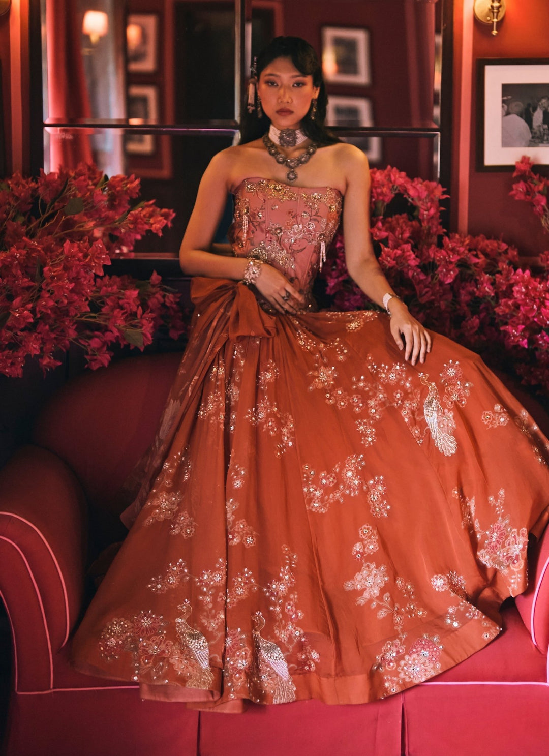 Paulmi and Harsh Rust Orange And Salmon Pink Printed Organza Lehenga SetFabilicious Fashion