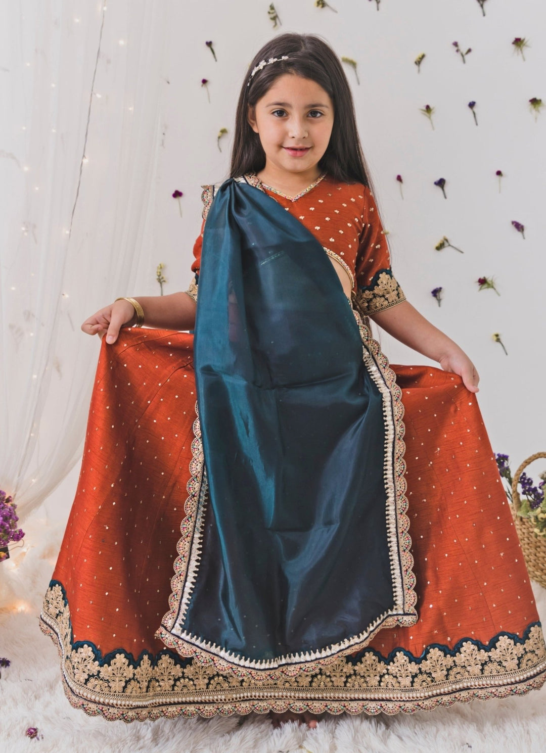Chotibuti Rust Orange And Teal Blue Silk Lehenga SetFabilicious Fashion
