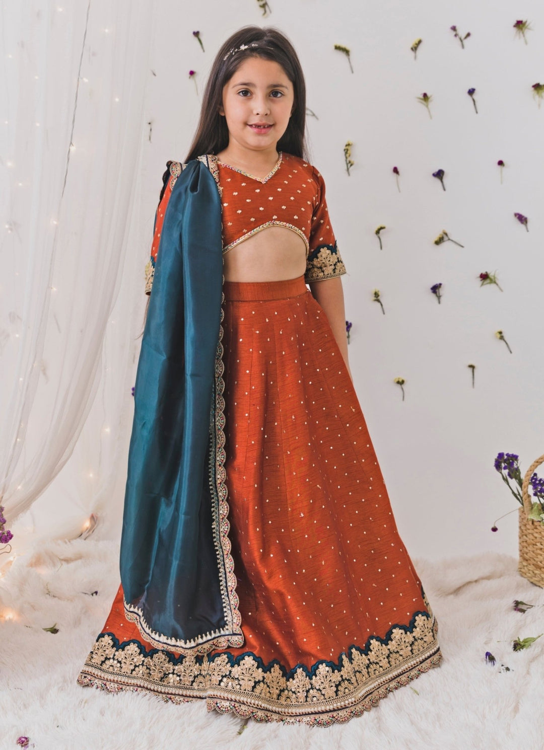 Chotibuti Rust Orange And Teal Blue Silk Lehenga SetFabilicious Fashion