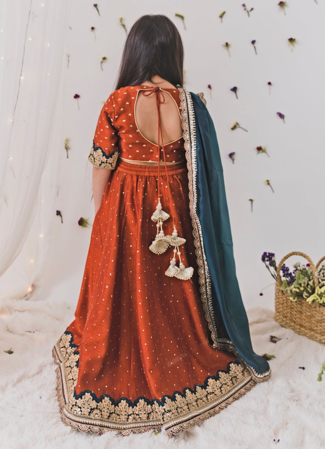 Chotibuti Rust Orange And Teal Blue Silk Lehenga SetFabilicious Fashion