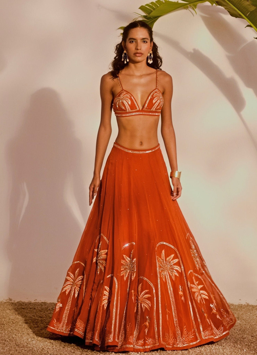 Rust Orange Appliqué Lehenga Set Silky Bindra - Fabilicious Fashion