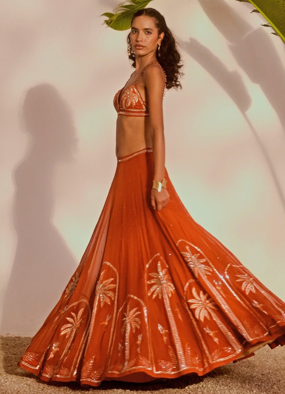 Rust Orange Appliqué Lehenga Set Silky Bindra - Fabilicious Fashion