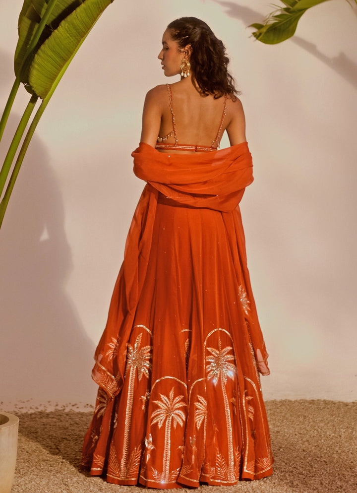 Rust Orange Appliqué Lehenga Set Silky Bindra - Fabilicious Fashion