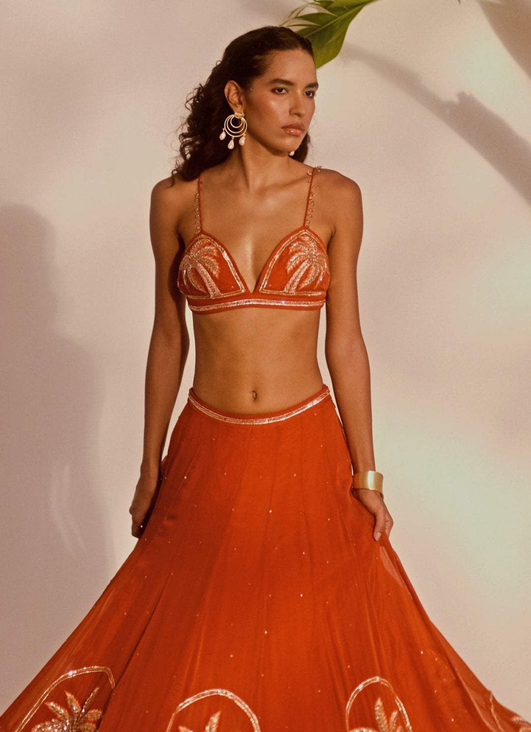 Rust Orange Appliqué Lehenga Set Silky Bindra - Fabilicious Fashion